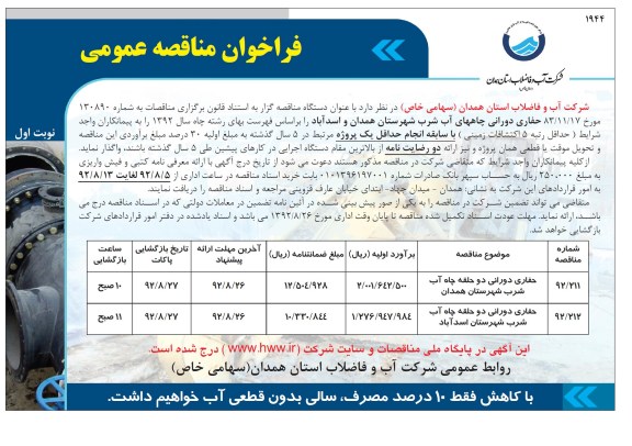  حفاری دورانی دو حلقه چاه آب شرب شهرستان همدان....