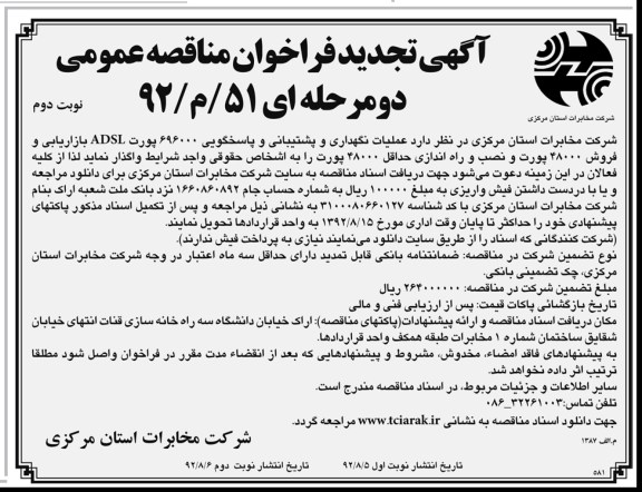 عملیات نگهداری و پشتیبانی متوسط ماهیانه 696000 پورت ADSL در سطح استان