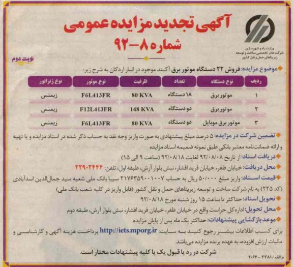 فروش 22 دستگاه موتور برق آکبند 