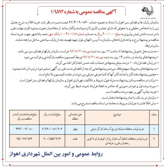 خرید لوله و متعلقات شبکه توزیع آب خام کارگر شرقی