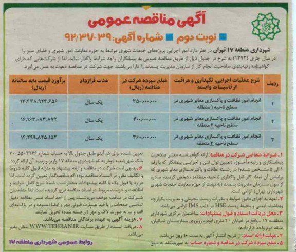 انجام امور نظافت و پاکسازی معابر شهری در سطح ناحیه 1 منطقه...