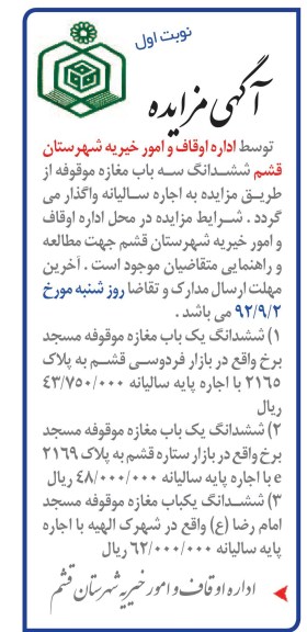 اجاره شش دانگ یک باب مغازه موقوفه مسجد برخ و ششدانگ یک باب مغازه موقوفه مسجد امام رضا (ع) و ...