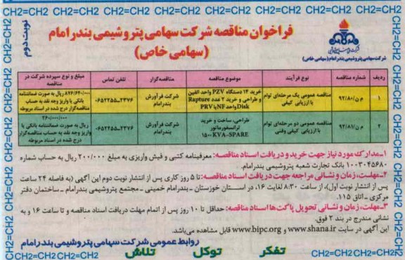 خرید 14 دستگاه PZV واحد الفین و طراحی وخرید 2 عدد RAPTURE DISK واحد NF با PRV و ...