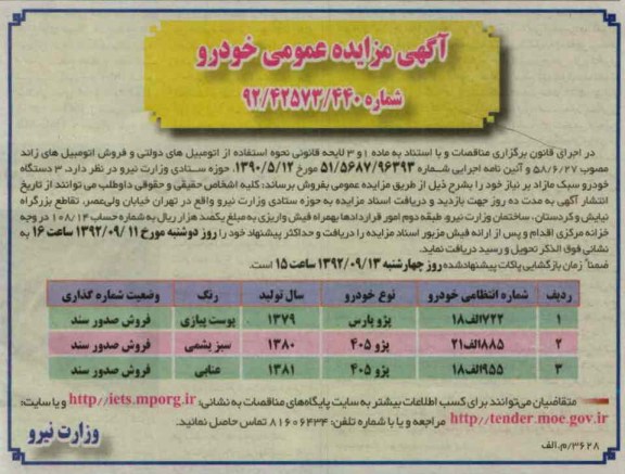 فروش 3 دستگاه خودرو سبک مازاد
