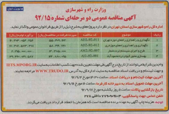  نگهداری و راهداری راههای حوزه تهران...