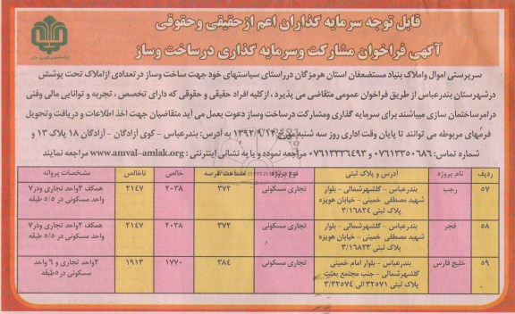 فراخوان مشارکت و سرمایه گذاری در ساخت و ساز
