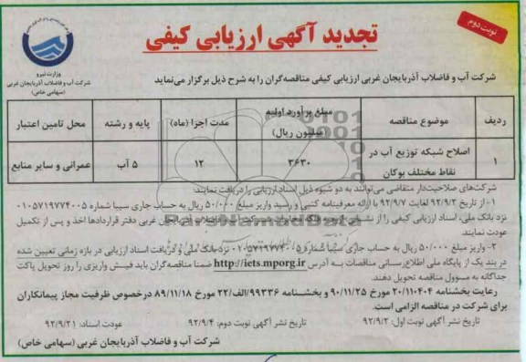 اصلاح شبکه توزیع آب در نقاط مختلف بوکان