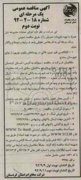 کابلکشی فیبرنوری خاکی در روستاهای پتلیدر, توریور از توابع شهرستان سنندج 