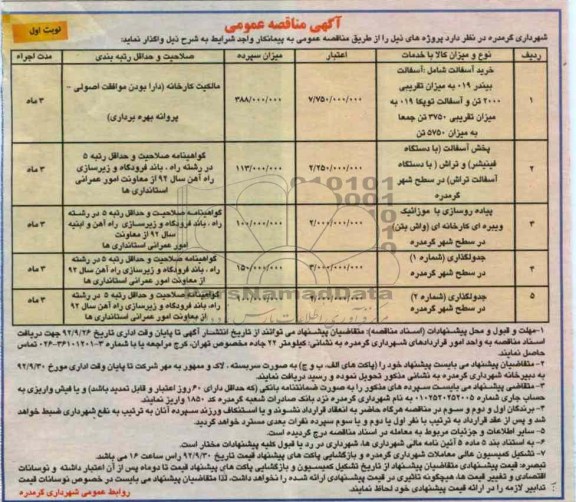  خرید آسفالت شامل آسفالت بیندر 019 به میزان تقریبی 2000 تن و آسفالت توپکا 019 به میزان تقریبی 3750 تن جمعا به میزان 5750 تن...