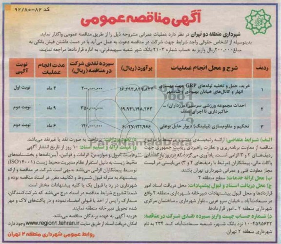 خرید حمل و تخلیه لوله های GRP جهت بهسازی انهار و کانال های خیابان بهبودی و شادمهر..