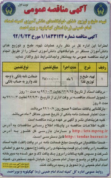 تهیه ، طبخ و توزیع غذای خوابگاه 