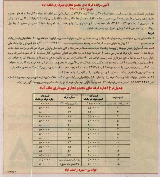 واگذاری غرفه های مجتمع تجاری شهرداری