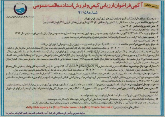 اجرای عملیات خط انتقال و شبکه توزیع آب مناطق 21 و 22 شهرداری تهران 