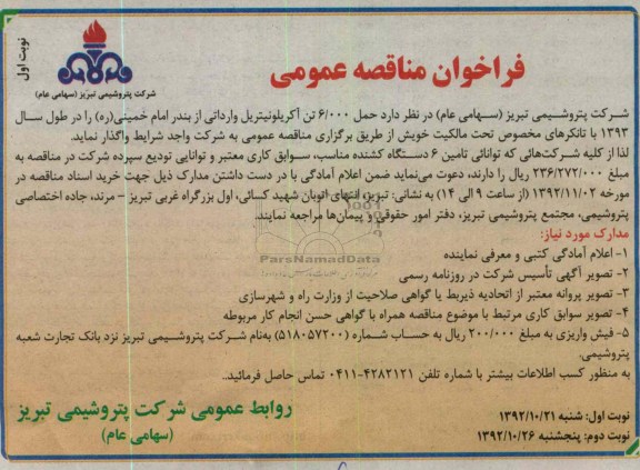 حمل 6.000 تن آکریلونیتریل وارداتی