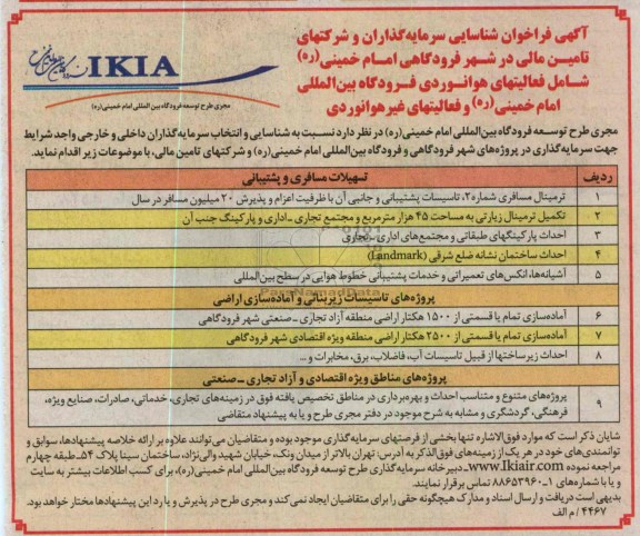 شناسایی سرمایه گذاران و شرکتهای تامین مالی در شهر فرودگاهی امام خمینی ره شامل فعالیتهای هوانوردی فرودگاه بین المللی امام خمینی ره و فعالیتهای غیرهوانوردی