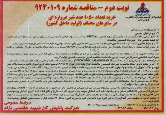 خرید تعداد 1050 عدد شیر دروازه ای در سایزهای مختلف