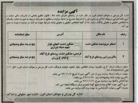 اجاره استخر سرپوشیده مشکین دشت  و سالن ورزشی فرخ آباد  