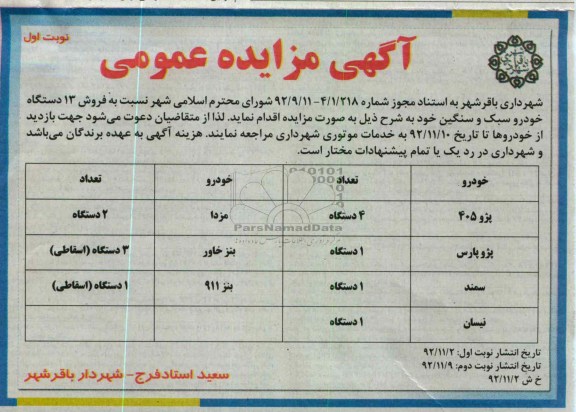 فروش 13 دستگاه خودرو سبک و سنگین خود 