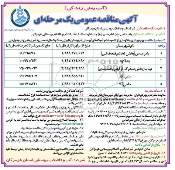 بهره برداری و نگهداری از تاسیسات و شبکه های آبرسانی روستاهای شهرستان 