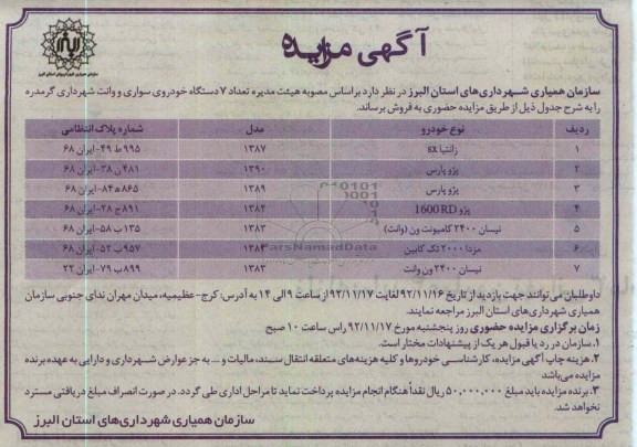فروش تعداد 7 دستگاه خودروی سواری و وانت شهرداری گرمدره 