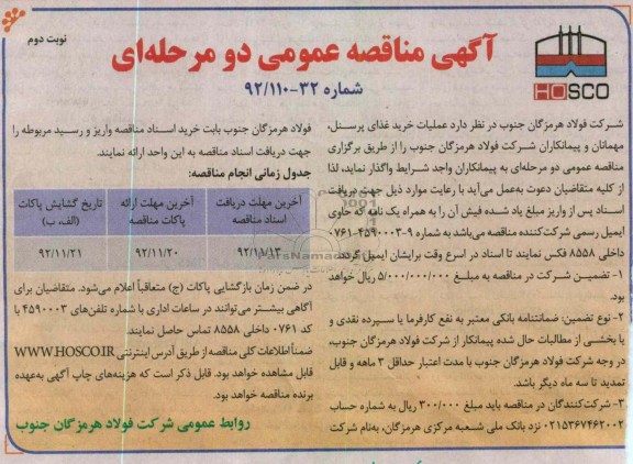  عملیات خرید غذای پرسنل، مهمانان و پیمانکاران شرکت فولاد هرمزگان جنوب 