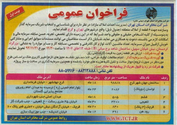 شناسایی و انتخاب شریک سرمایه گذار و سازنده جهت 6 قطعه از املاک متعلقه
