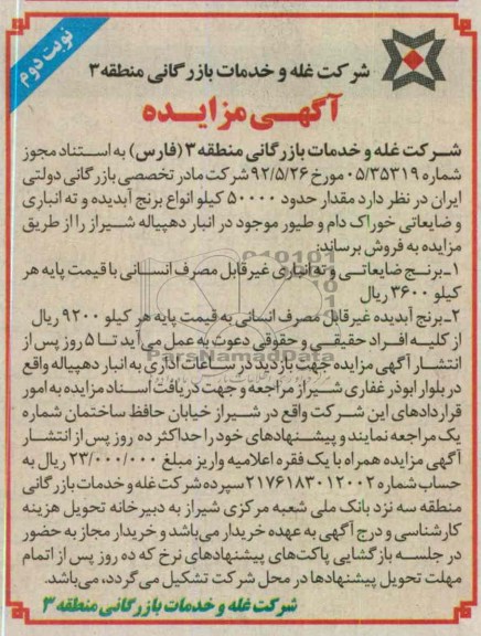 فروش مقدار حدود 50000 کیلو انواع برنج آبدیده و ته انباری و ضایعاتی خوراک دام و طیور