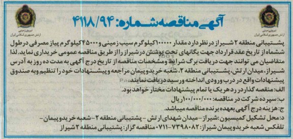 مقدار 100000 کیلوگرم سیب زمینی و 45000 کیلوگرم پیاز مصرفی 