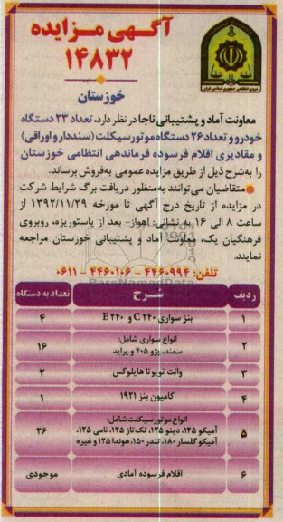فروش تعداد 23 دستگاه خودرو و تعداد 26 دستگاه موتور سیکلت 