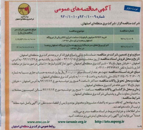 خرید 4343 میلیون کیلووات ساعت انرژی الکتریکی 