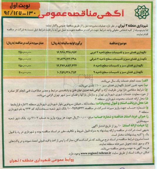 نگهداری فضای سبز و تاسیسات سطح ناحیه 7 غربی