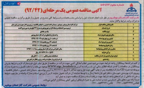 ترمیم مسیر انشعابات و شبکه گاز در شهر بوشهر به متراژ 42 کیلومتر بصورت پراکنده 