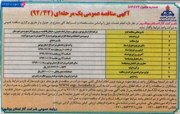 ترمیم مسیر انشعابات و شبکه گاز در شهر بوشهر به متراژ 42 کیلومتر بصورت پراکنده 