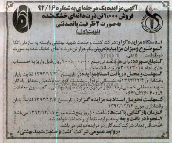 فروش یک هزار تن ذرت دانه ای خشک شده