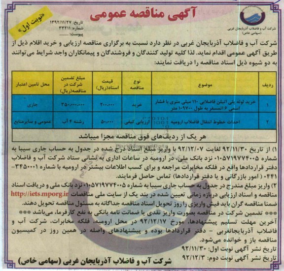 احداث خطوط انتقال فاضلاب ارومیه 