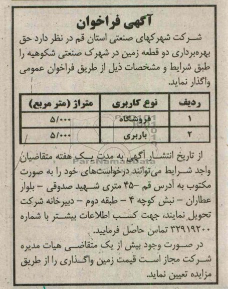 واگذاری حق بهره برداری دو قطعه زمین در شهرک صنعتی شکوهیه