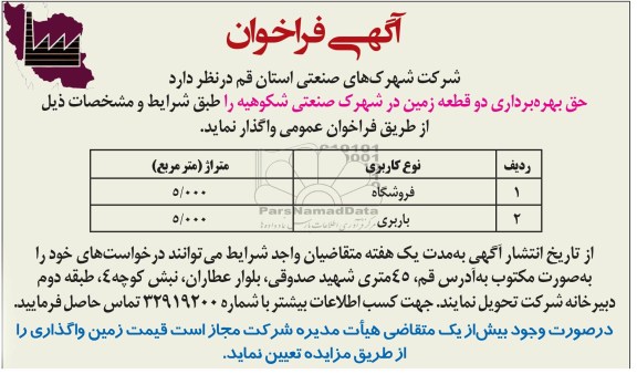 حق بهره برداری دو قطعه زمین در شهرک صنعتی شکوهیه 
