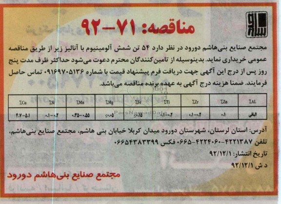 54 تن شمش آلومینیوم با آنالیز 