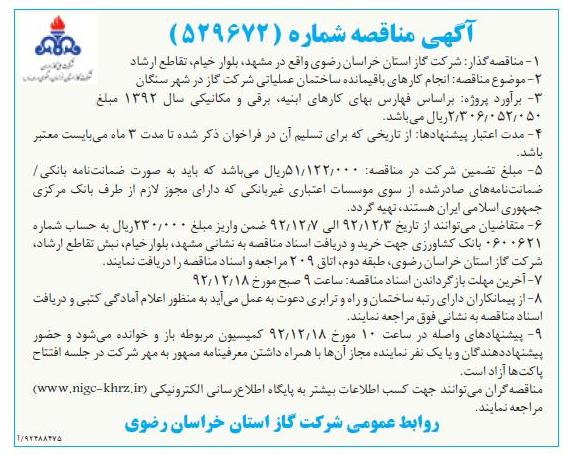 انجام کارهای باقیمانده ساختمان عملیاتی شرکت گاز در شهر سنگان 