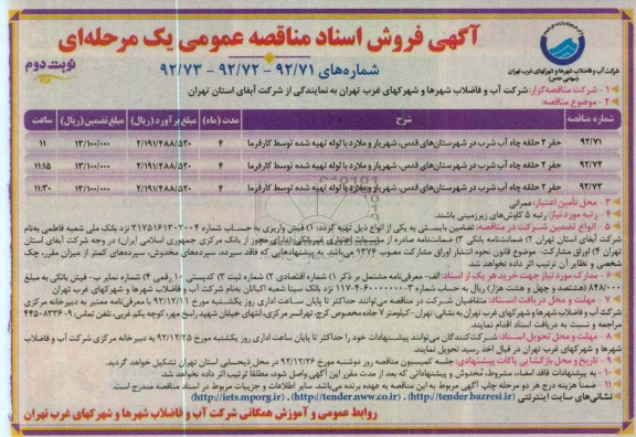حفر 2 حلقه چاه آب شرب در شهرستان های قدس،شهریار و ...