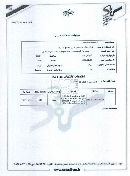 کاغذ تحریر A4 DOUBLE A