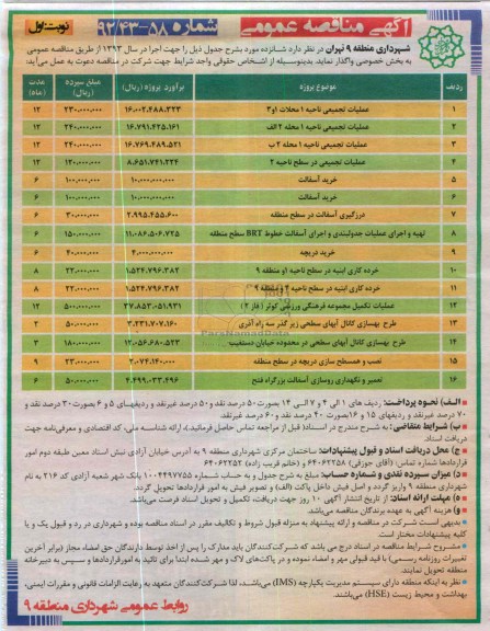 مناقصه  عملیات تجمیعی  و خرید آسفالت و ....