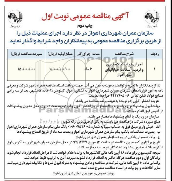 اجرای عملیات لکه گیری و ترمیم آسفالت خیابان های شهر اهواز
