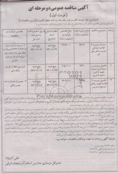 تکمیل سرویس و سرایداری مدرسه، احداث مدرسه  و ...