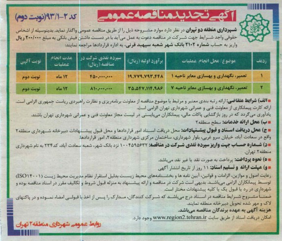 تعمیر ، نگهداری و بهسازی معابر ناحیه 1