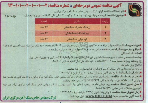 خرید سه ردیف زره ثابت و متحرک و گوه سنگ شکن فکی