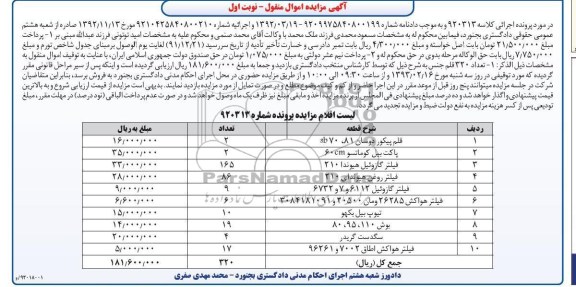 فروش تعداد 320 قلم جنس همچن پاکت بیل کوماتسو، فیلتر گازوئیل و ....