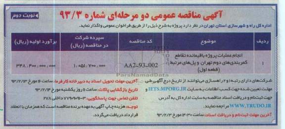 انجام عملیات پروژه باقمانده تقاطع کمربندی های ...