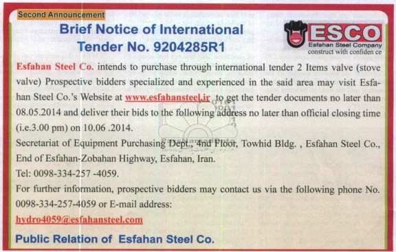 TENDER 2 ITEMS VALVE 