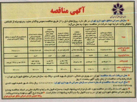 واگذاری عملیات نهرسازی و جدول گذاری  و عملیات تعمیر و بازسازی و خرید تابلو و تجهیزات پست های برق فشار قوی